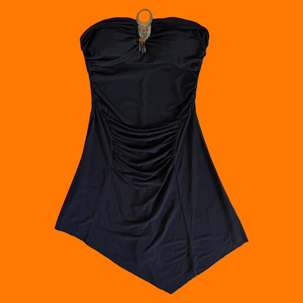 00's vintage black embellished tube top bodycon boho y2k asymmetrical dress M